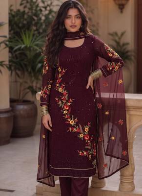 Wine embroidered georgette srainght suit 2