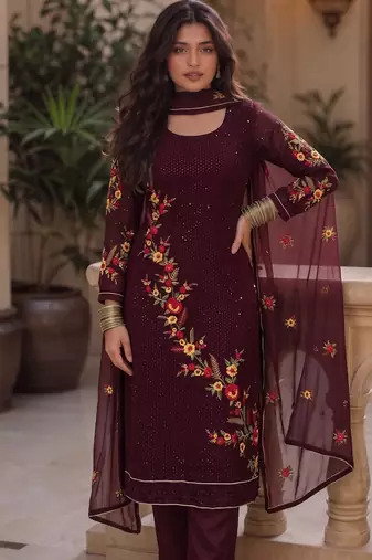 Wine embroidered georgette srainght suit