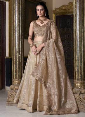 Beige sequins and thread embroidered gold rush fabric lehenga choli dupatta 3