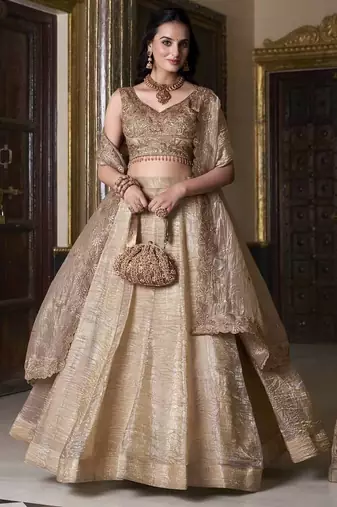 Beige sequins and thread embroidered gold rush fabric lehenga choli dupatta