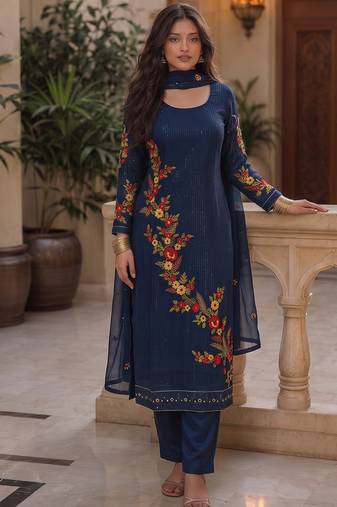 Dark royal blue embroidered georgette srainght suit