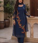 Dark royal blue embroidered georgette srainght suit