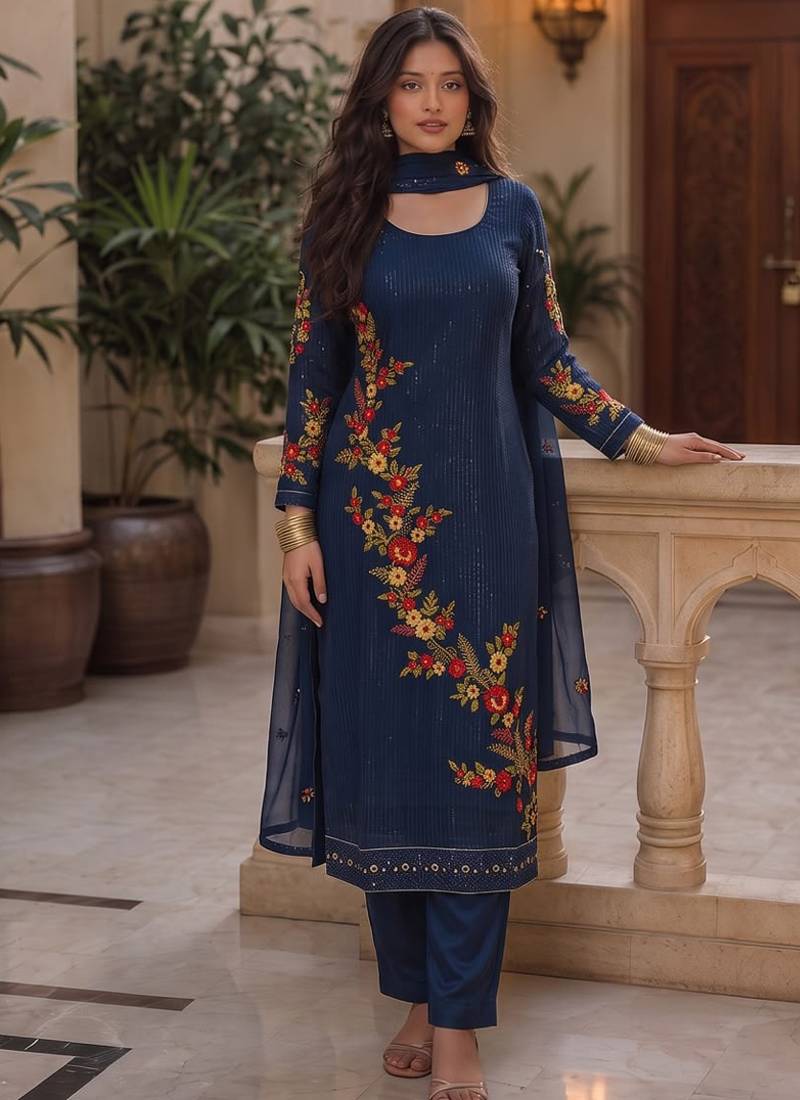 Dark royal blue embroidered georgette srainght suit
