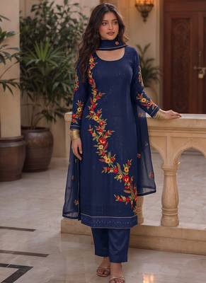 Dark royal blue embroidered georgette srainght suit 2