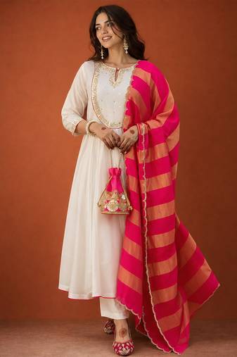 Women's Gorgeous Embroidery Chanderi Fabric Flared Kurta Pant and Dupatta Set