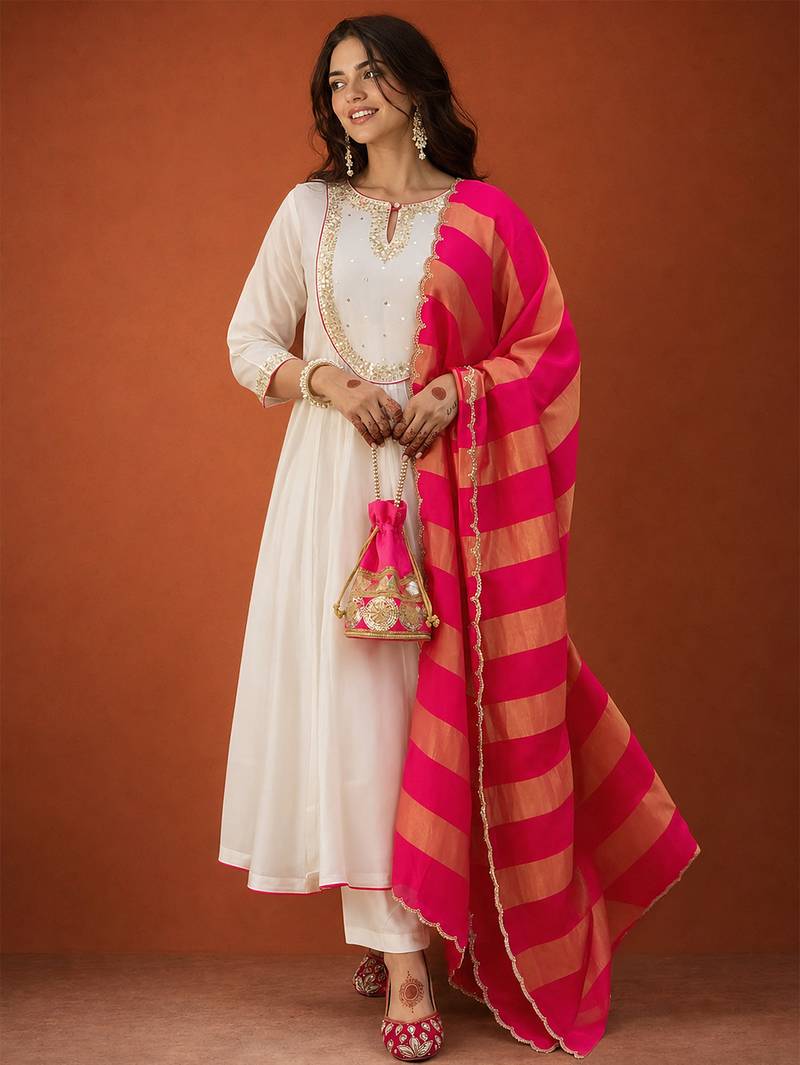 Women's Gorgeous Embroidery Chanderi Fabric Flared Kurta Pant and Dupatta Set