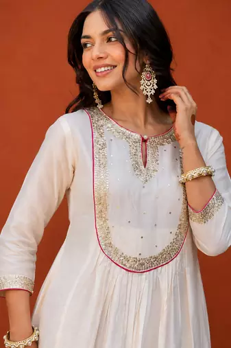 Women's Gorgeous Embroidery Chanderi Fabric Flared Kurta Pant and Dupatta Set