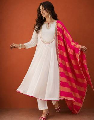 Women's Gorgeous Embroidery Chanderi Fabric Flared Kurta Pant and Dupatta Set 3