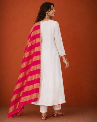 Women's Gorgeous Embroidery Chanderi Fabric Flared Kurta Pant and Dupatta Set 4