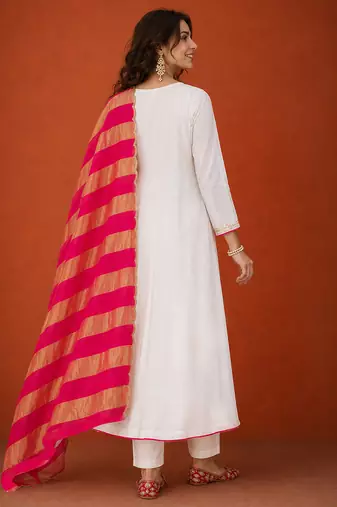 Women's Gorgeous Embroidery Chanderi Fabric Flared Kurta Pant and Dupatta Set