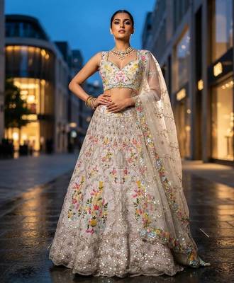 white color Embroidery Sequins Work Satin Silk blend Lehenga Choli set 1
