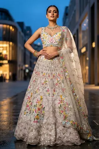 white color Embroidery Sequins Work Satin Silk blend Lehenga Choli set