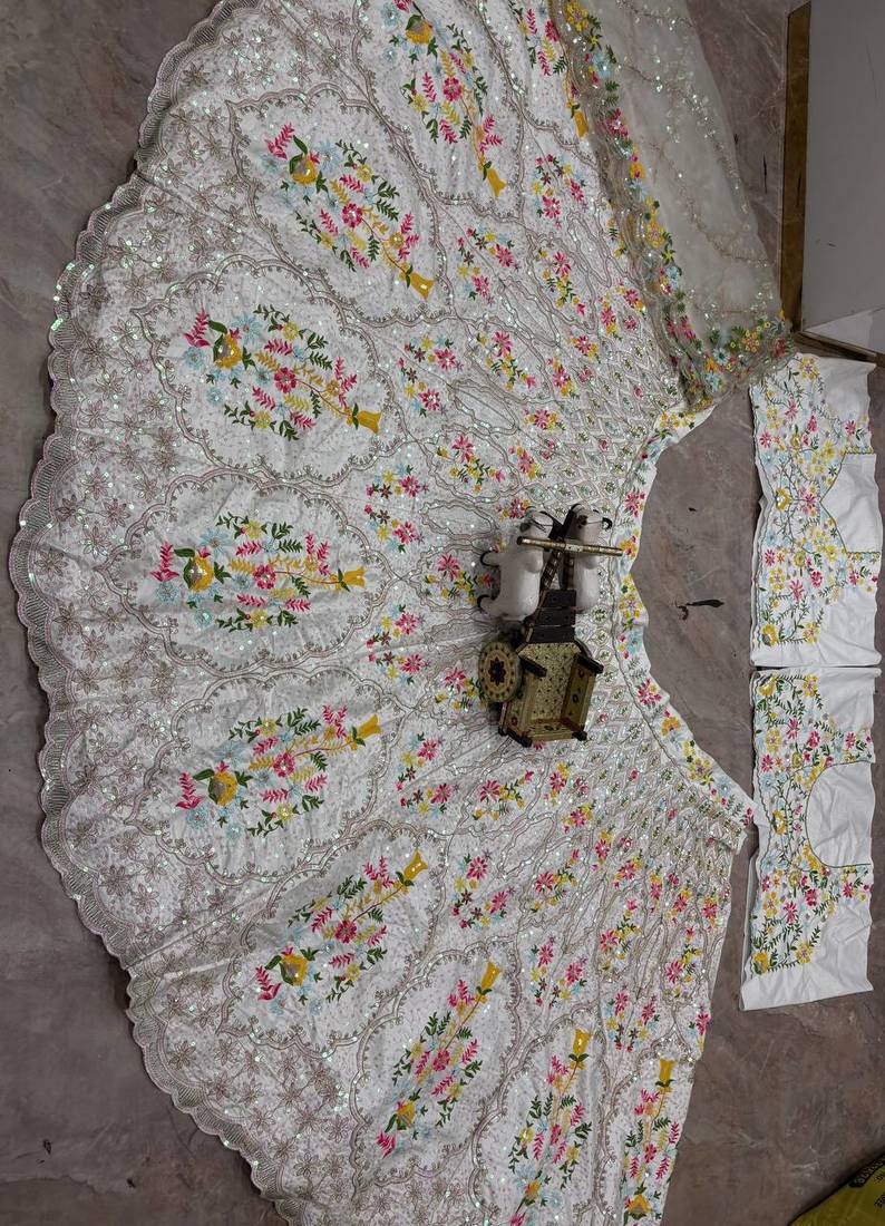 white color Embroidery Sequins Work Satin Silk blend Lehenga Choli set