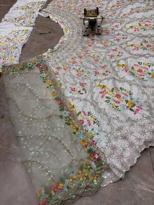 white color Embroidery Sequins Work Satin Silk blend Lehenga Choli set 3