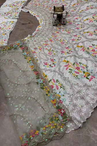 white color Embroidery Sequins Work Satin Silk blend Lehenga Choli set