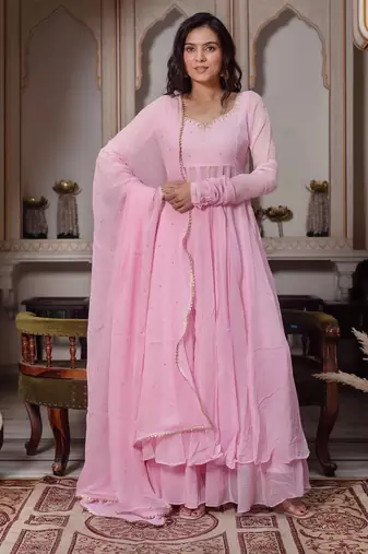 Pink faux georgette party wear embroidery anarkali suit set