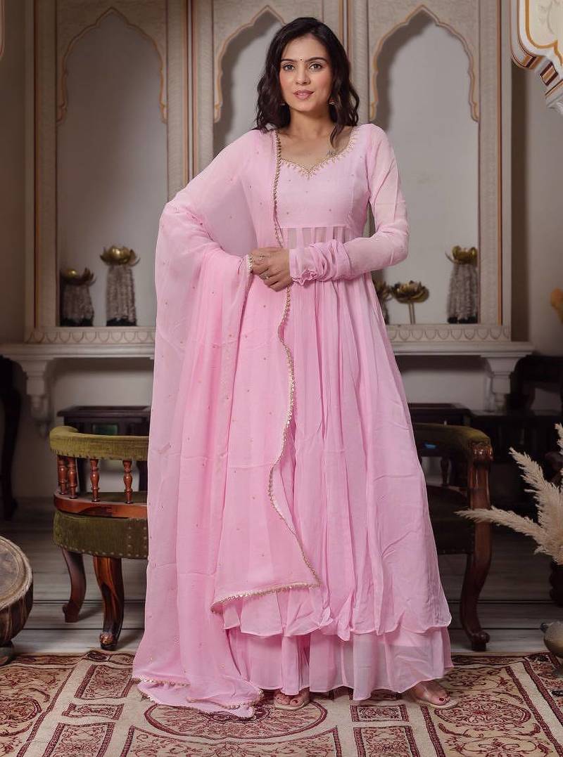 Pink faux georgette party wear embroidery anarkali suit set