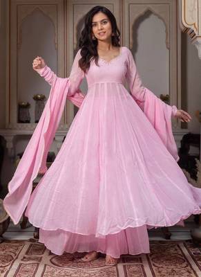 Pink faux georgette party wear embroidery anarkali suit set 2