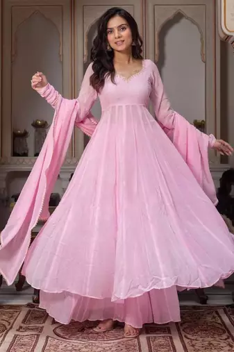 Pink faux georgette party wear embroidery anarkali suit set