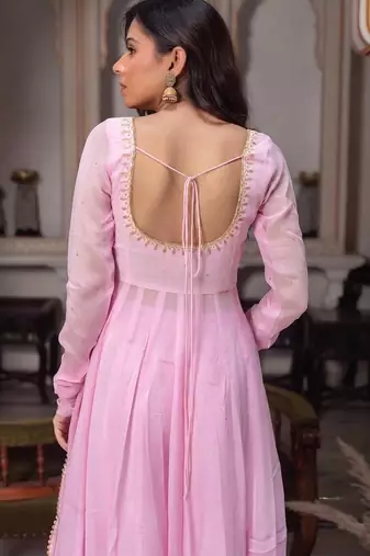 Pink faux georgette party wear embroidery anarkali suit set
