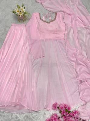 Pink faux georgette party wear embroidery anarkali suit set 4