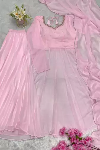 Pink faux georgette party wear embroidery anarkali suit set