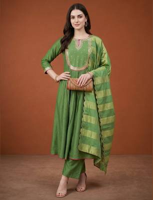 Women's Gorgeous Embroidery Chanderi Fabric Flared Kurta Pant and Dupatta Set 1