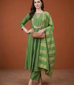 Women's Gorgeous Embroidery Chanderi Fabric Flared Kurta Pant and Dupatta Set