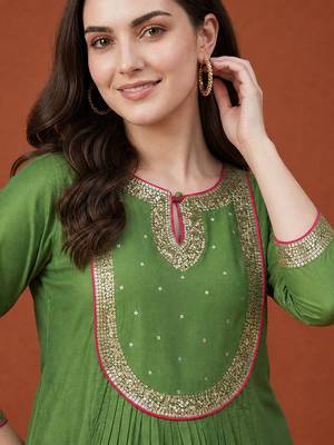 Women's Gorgeous Embroidery Chanderi Fabric Flared Kurta Pant and Dupatta Set 2