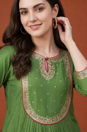 Women's Gorgeous Embroidery Chanderi Fabric Flared Kurta Pant and Dupatta Set