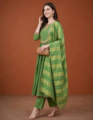 Women's Gorgeous Embroidery Chanderi Fabric Flared Kurta Pant and Dupatta Set 3