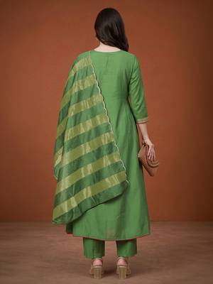 Women's Gorgeous Embroidery Chanderi Fabric Flared Kurta Pant and Dupatta Set 4