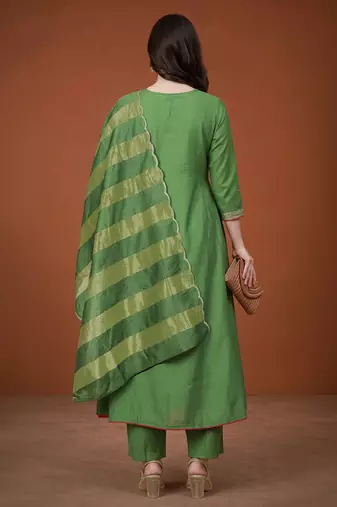 Women's Gorgeous Embroidery Chanderi Fabric Flared Kurta Pant and Dupatta Set