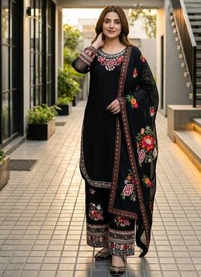Black heavy faux georgette party wear embroidery suit set 1