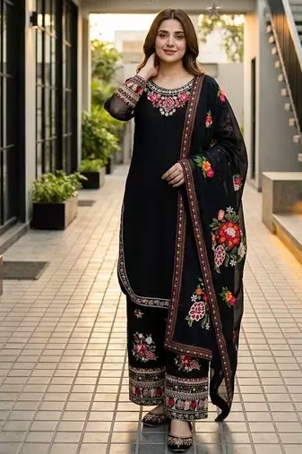 Black heavy faux georgette party wear embroidery suit set