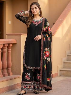 Black heavy faux georgette party wear embroidery suit set 2
