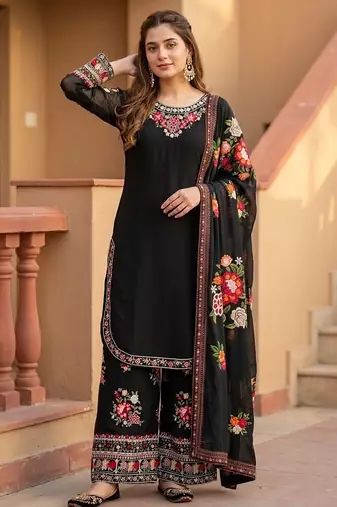 Black heavy faux georgette party wear embroidery suit set