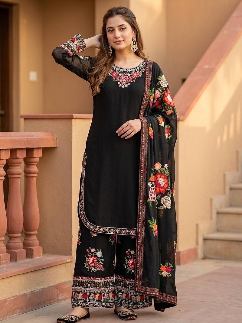 Black heavy faux georgette party wear embroidery suit set