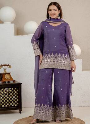 Lavender heavy crunchy silk party wear embroidery suit set 1