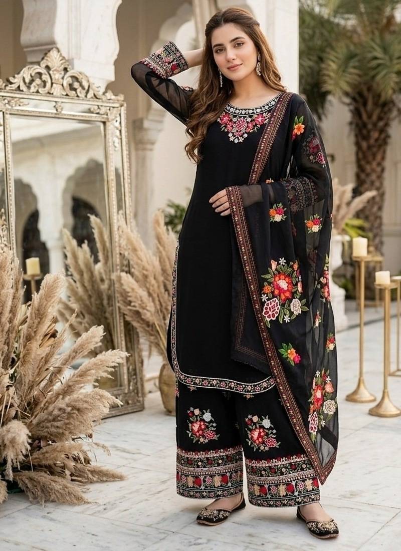 Black heavy faux georgette party wear embroidery suit set
