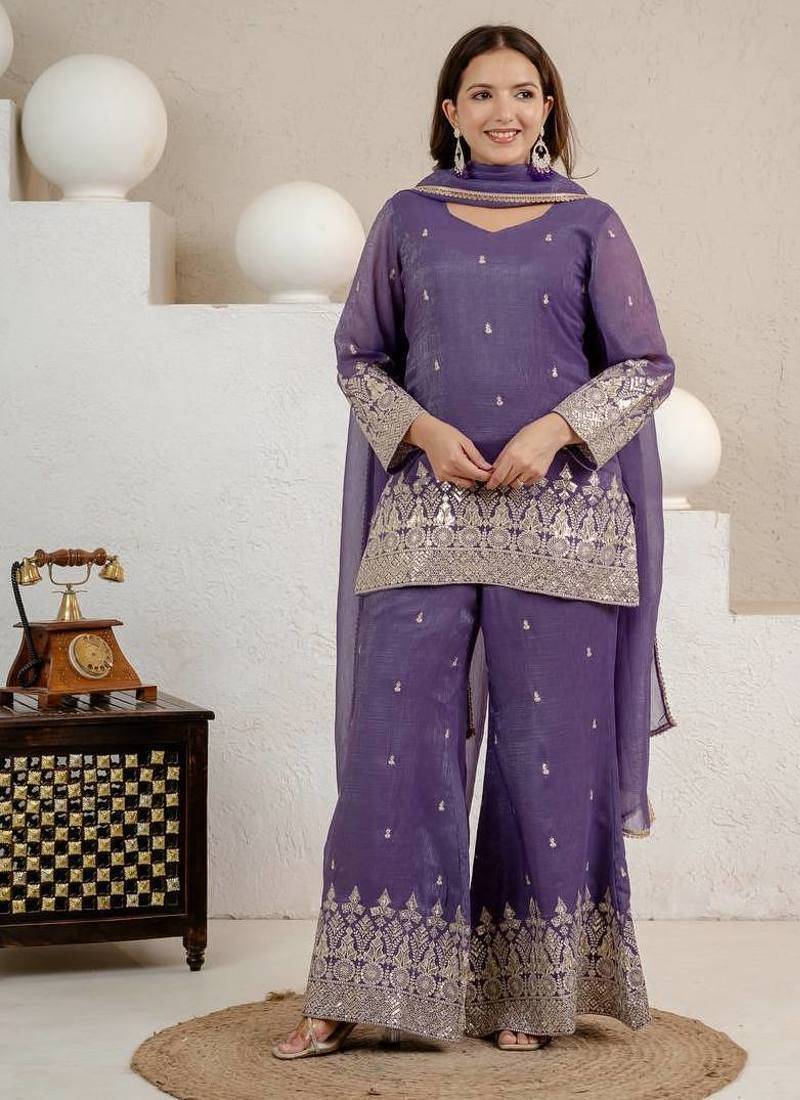 Lavender heavy crunchy silk party wear embroidery suit set