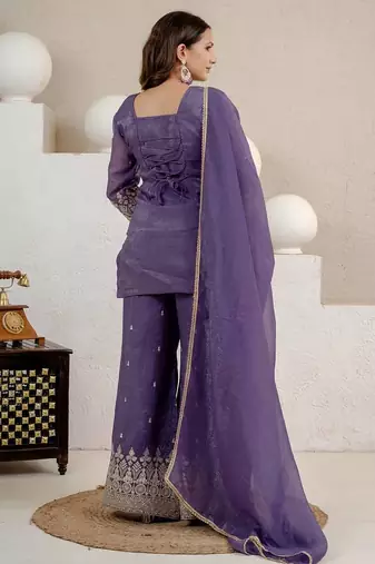 Lavender heavy crunchy silk party wear embroidery suit set