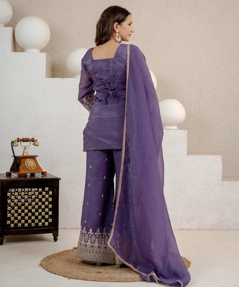 Lavender heavy crunchy silk party wear embroidery suit set