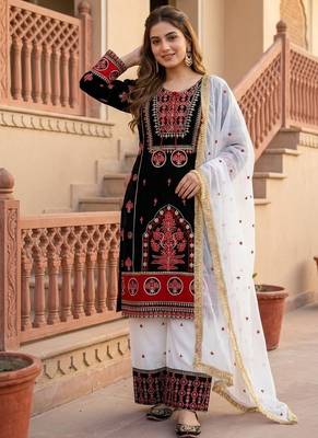 Black heavy natural silk blend   party wear embroidery suit set 1