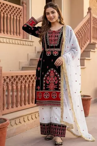 Black heavy natural silk blend   party wear embroidery suit set