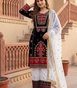 Black heavy natural silk blend   party wear embroidery suit set
