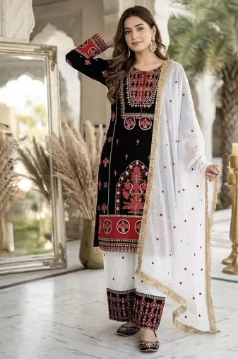 Black heavy natural silk blend   party wear embroidery suit set