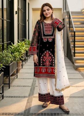 Black heavy natural silk blend   party wear embroidery suit set 3