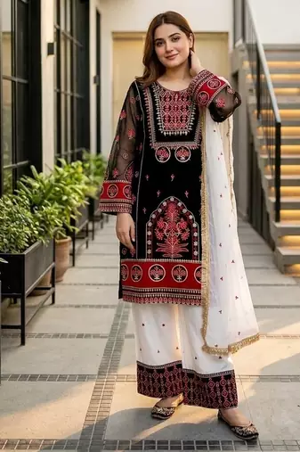 Black heavy natural silk blend   party wear embroidery suit set