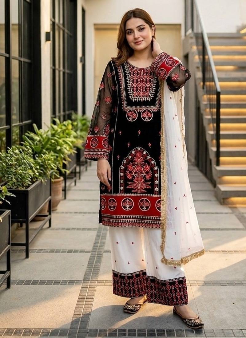 Black heavy natural silk blend   party wear embroidery suit set